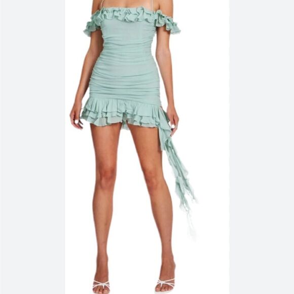 Miss Circle Matilda Green Ruffle Off the Shoulder Mini Dress | Size L - Picture 1 of 11